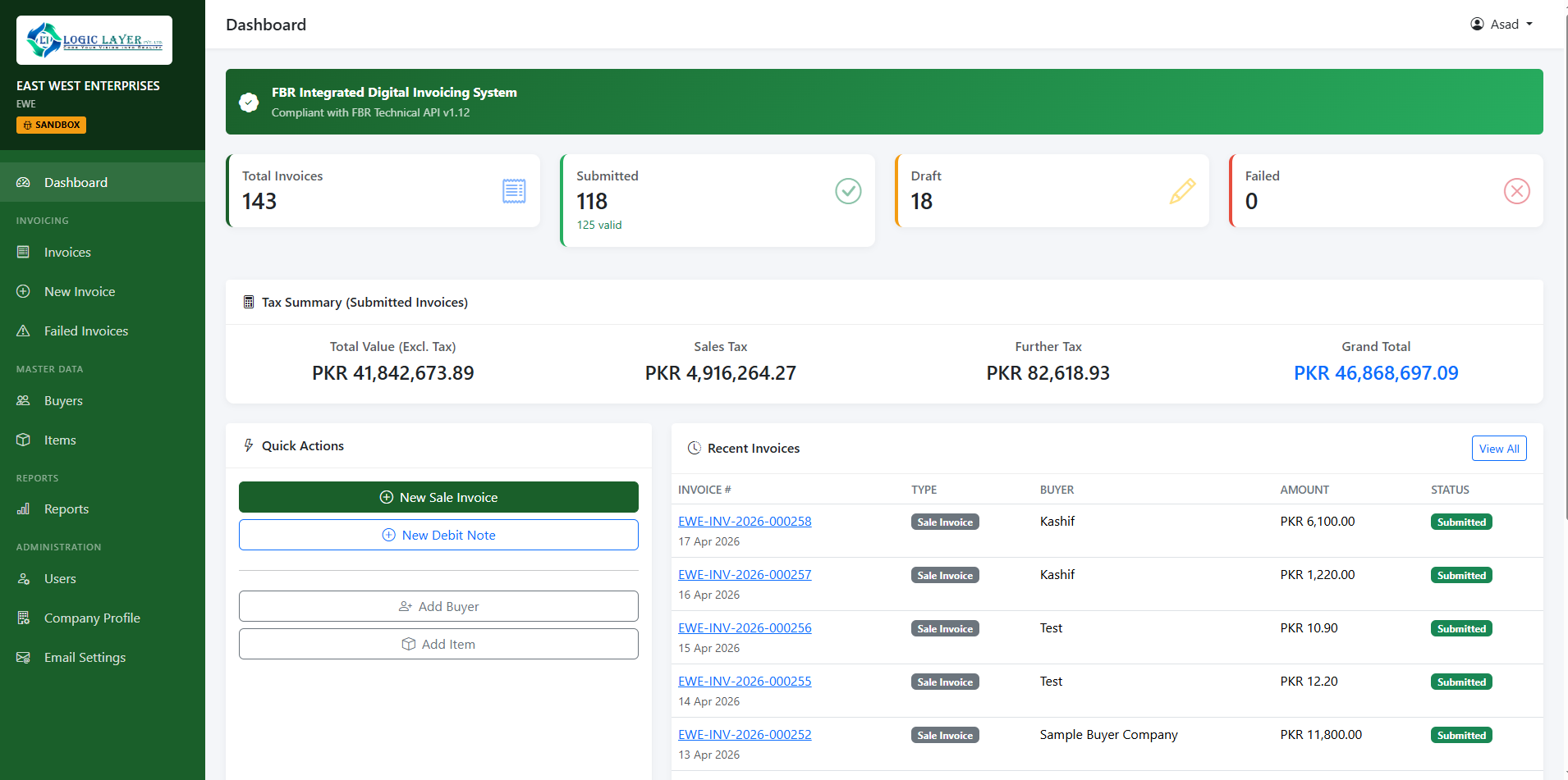 FBR Digital Invoicing Dashboard — PRAL API Integration